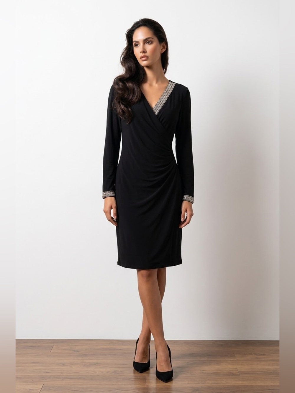MSK Black Wrap Dress with Silver Trim – Size L (NWT)